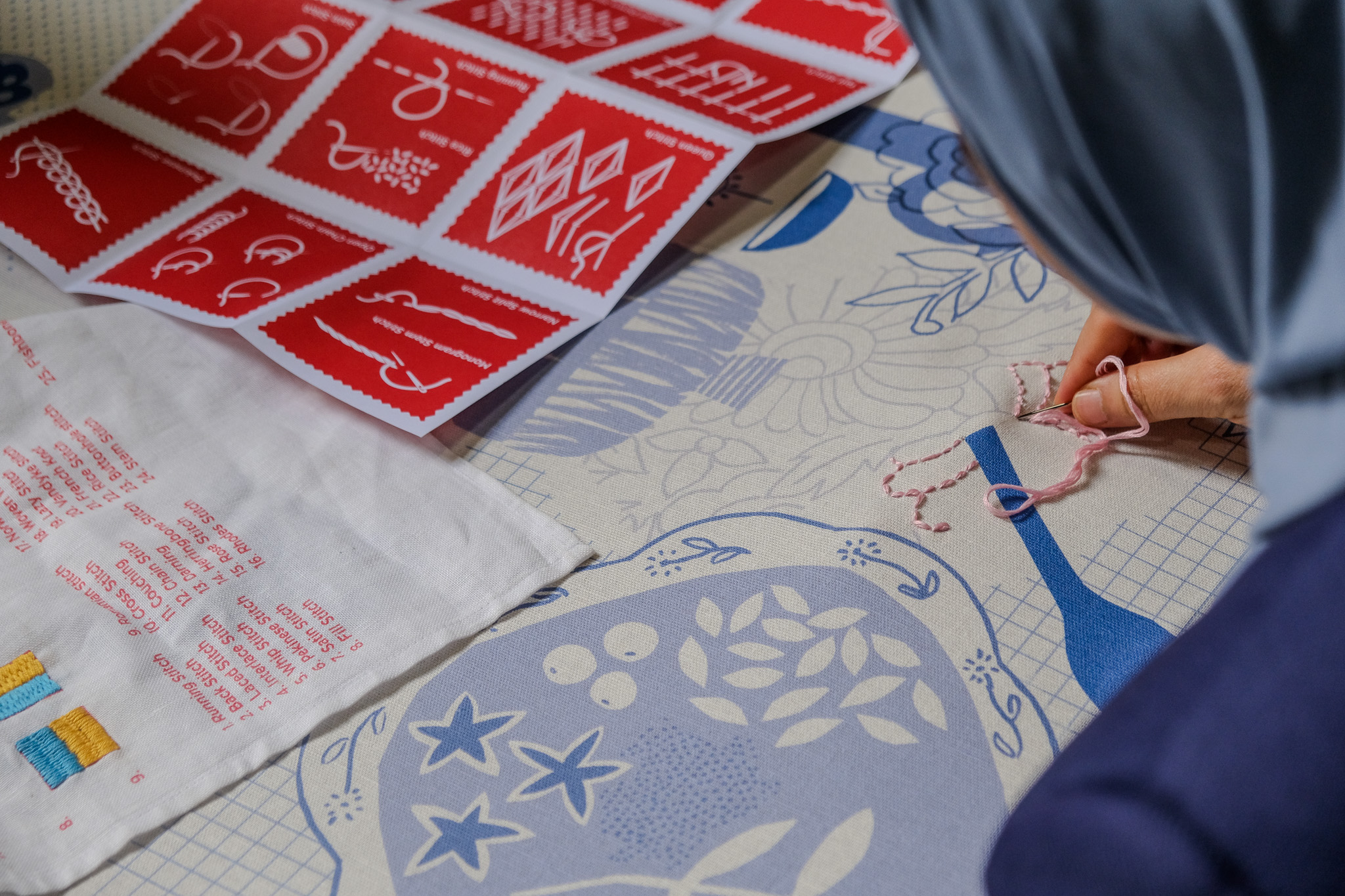 A close up image of some stitching using pale pink embroidery thread, following a blue pattern printed onto the fabric. It's a floral design
