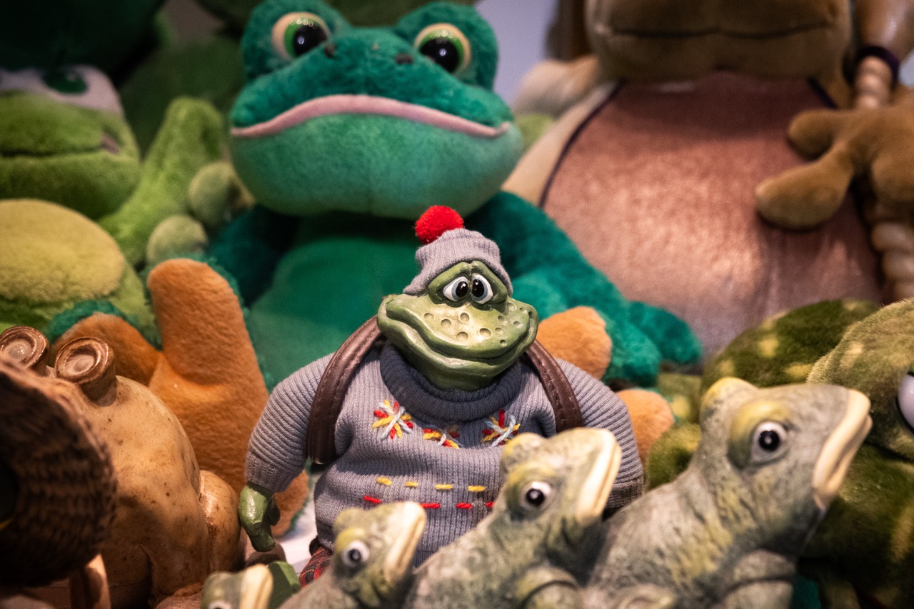 A group of frog plush toys and figurines, with a ceramic frog dressed in a jumper and knitted hat standing out in the centre among the green soft toys.