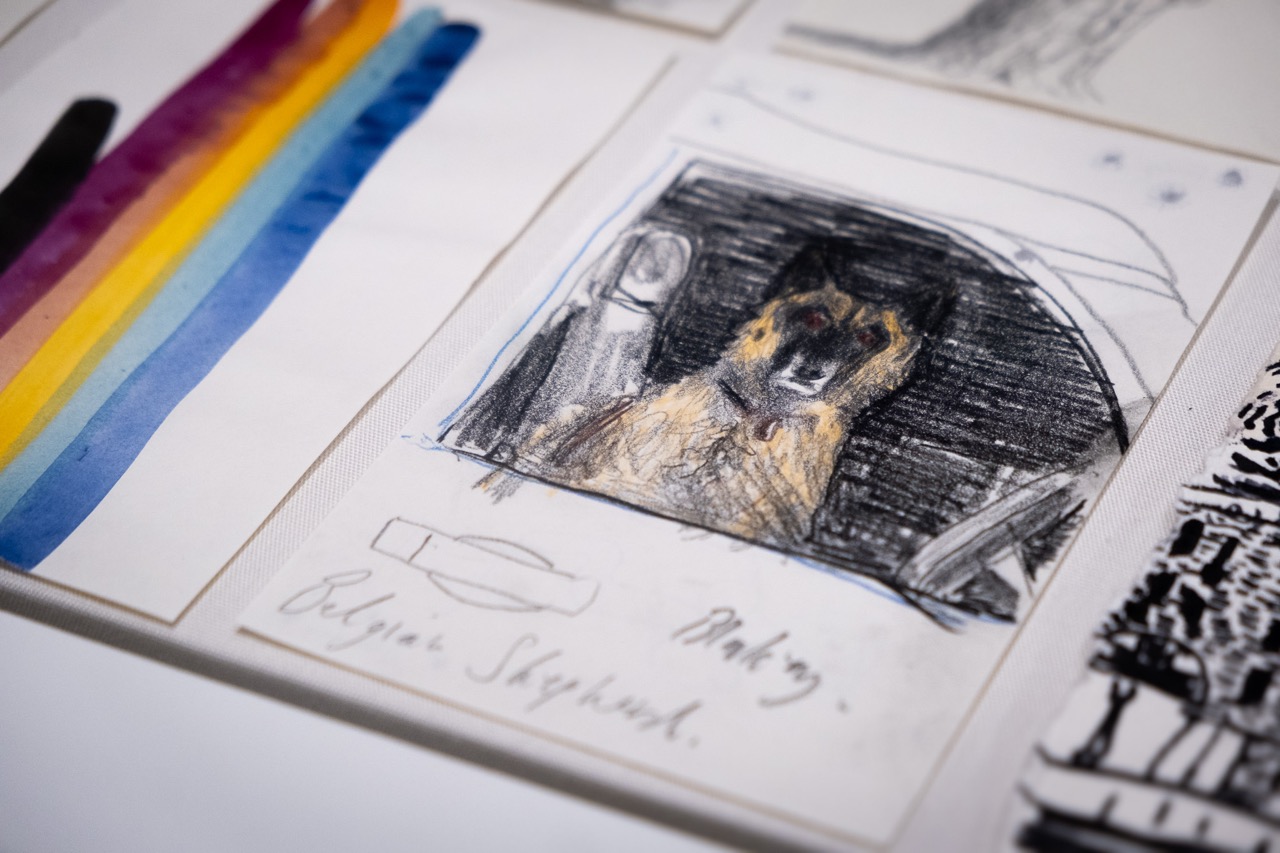 A hand-drawn sketch of a Belgian Shepherd dog labelled Barking Belgian Shepherd next to a colourful rainbow painting and other artworks on paper.