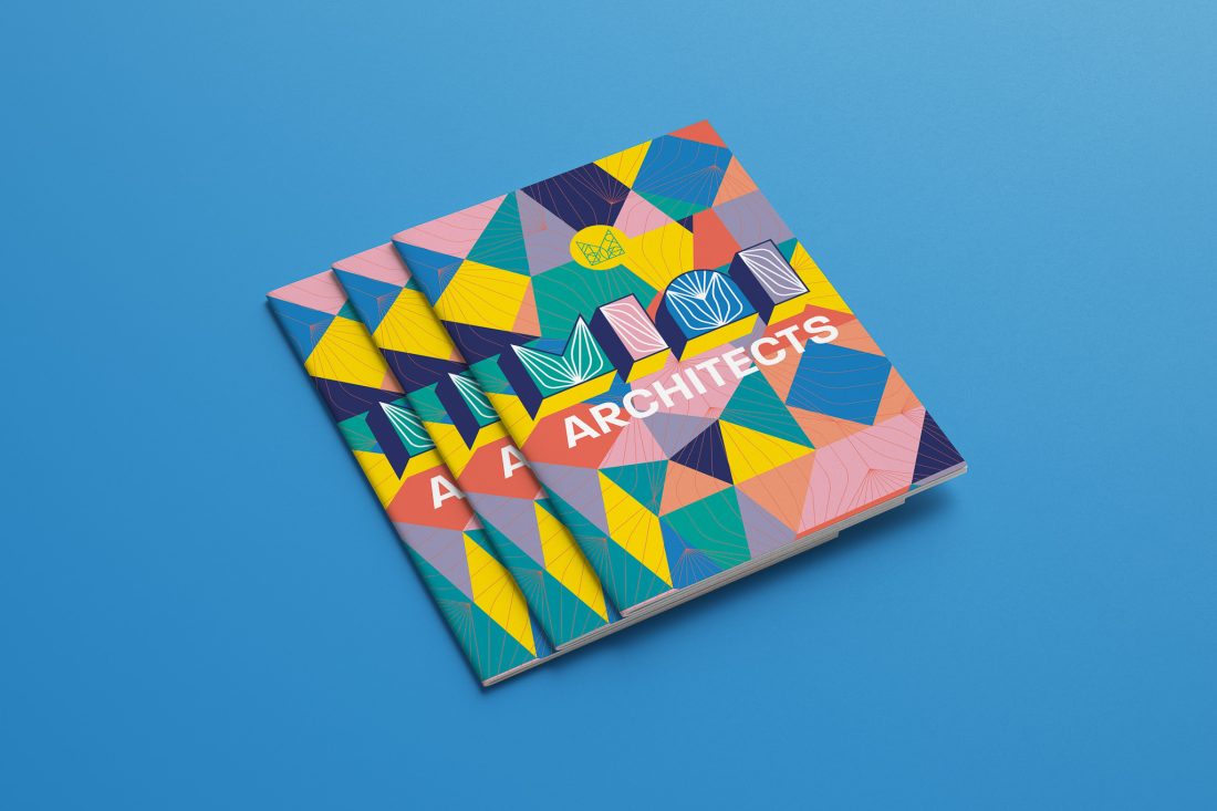 Three colourful booklets with geometric patterns and the word ARCHITECTS in bold white letters on the cover, placed on a solid blue surface.