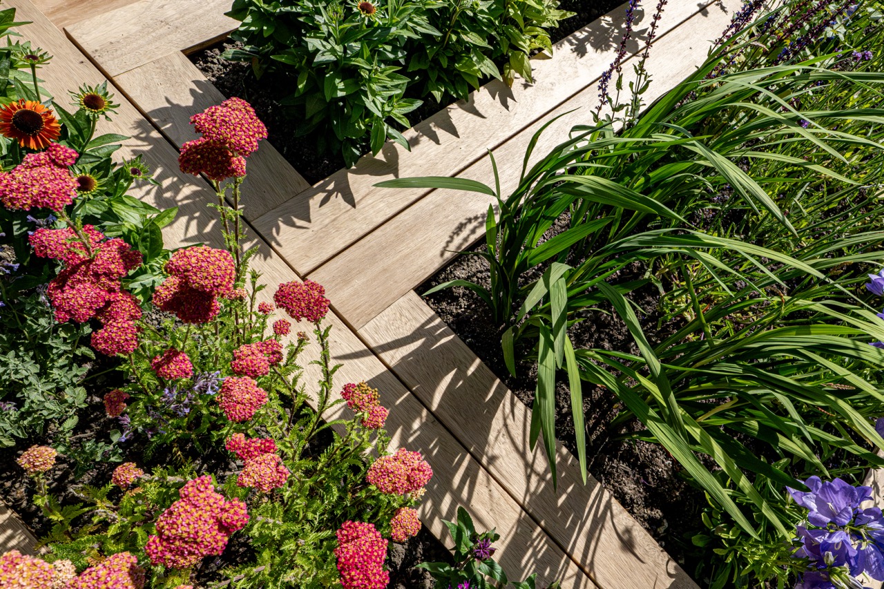 A garden scene with wooden planks forming a path between flower beds, featuring clusters of pink and red flowers on the left and tall green grasses with purple flowers on the right. Sunlight casts shadows on the path.