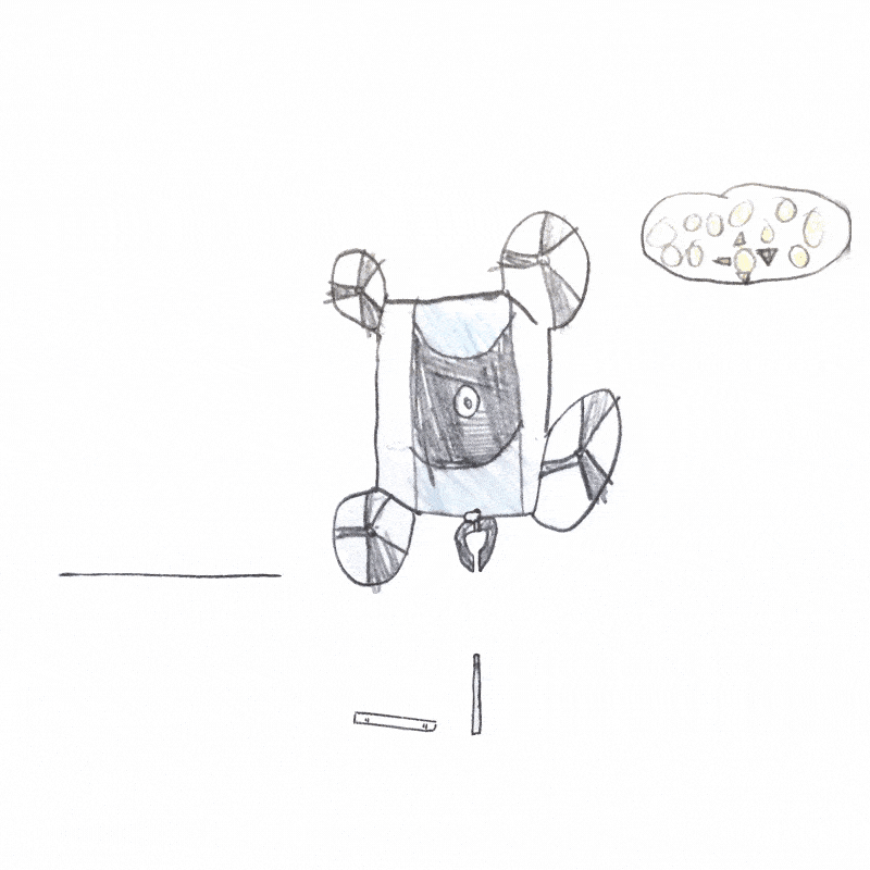 A hand-drawn robot with four wheels is shown moving towards a food dish in a thought bubble. Lines and small objects are scattered on the ground below the robot. The background is white.
