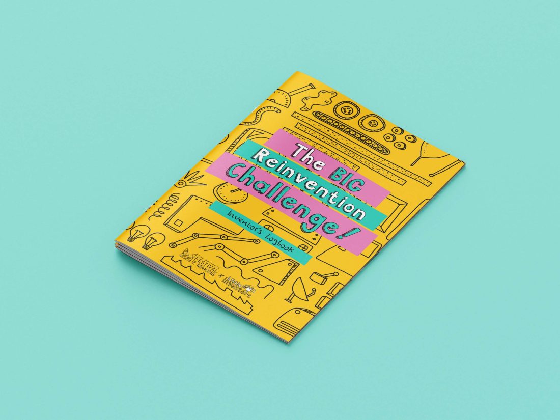 A yellow book titled The Big Reinvention Challenge by Kiventa Taylor, featuring playful illustrations of tools and gadgets on the cover, is placed on a light blue surface.