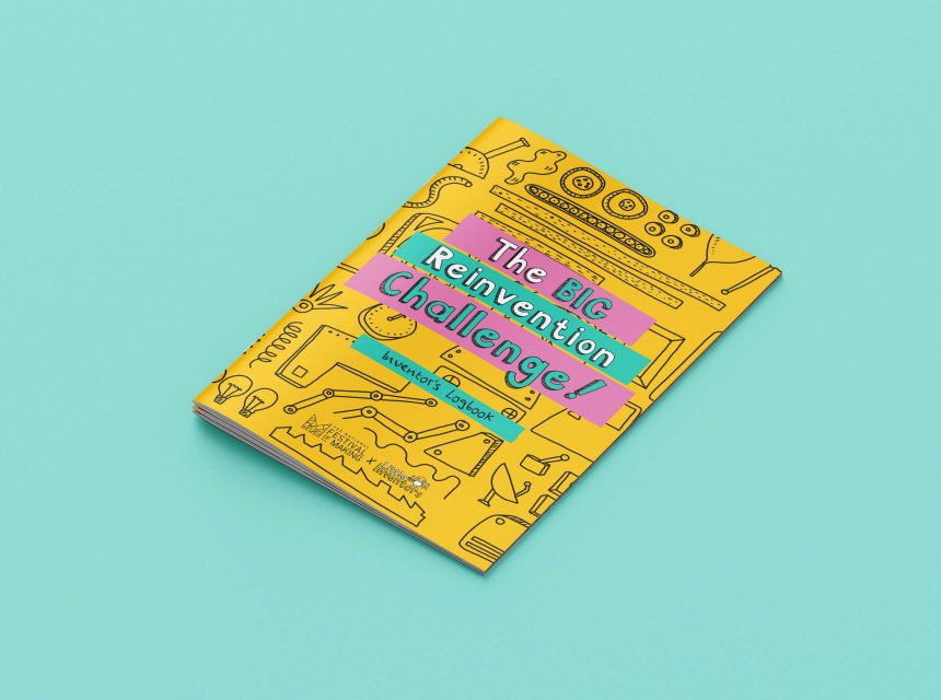A yellow book titled The Big Reinvention Challenge by Kiventa Taylor, featuring playful illustrations of tools and gadgets on the cover, is placed on a light blue surface.