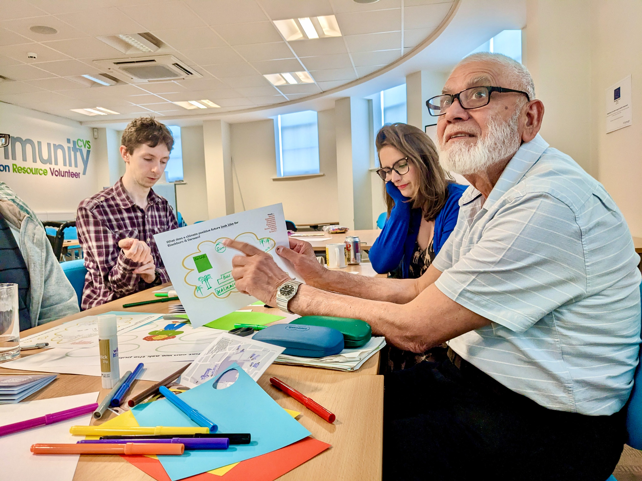 A group of people sit around a table covered with colourful papers and markers. An elderly man with glasses holds up a diagram whilst others listen and take notes, suggesting a collaborative workshop or meeting.