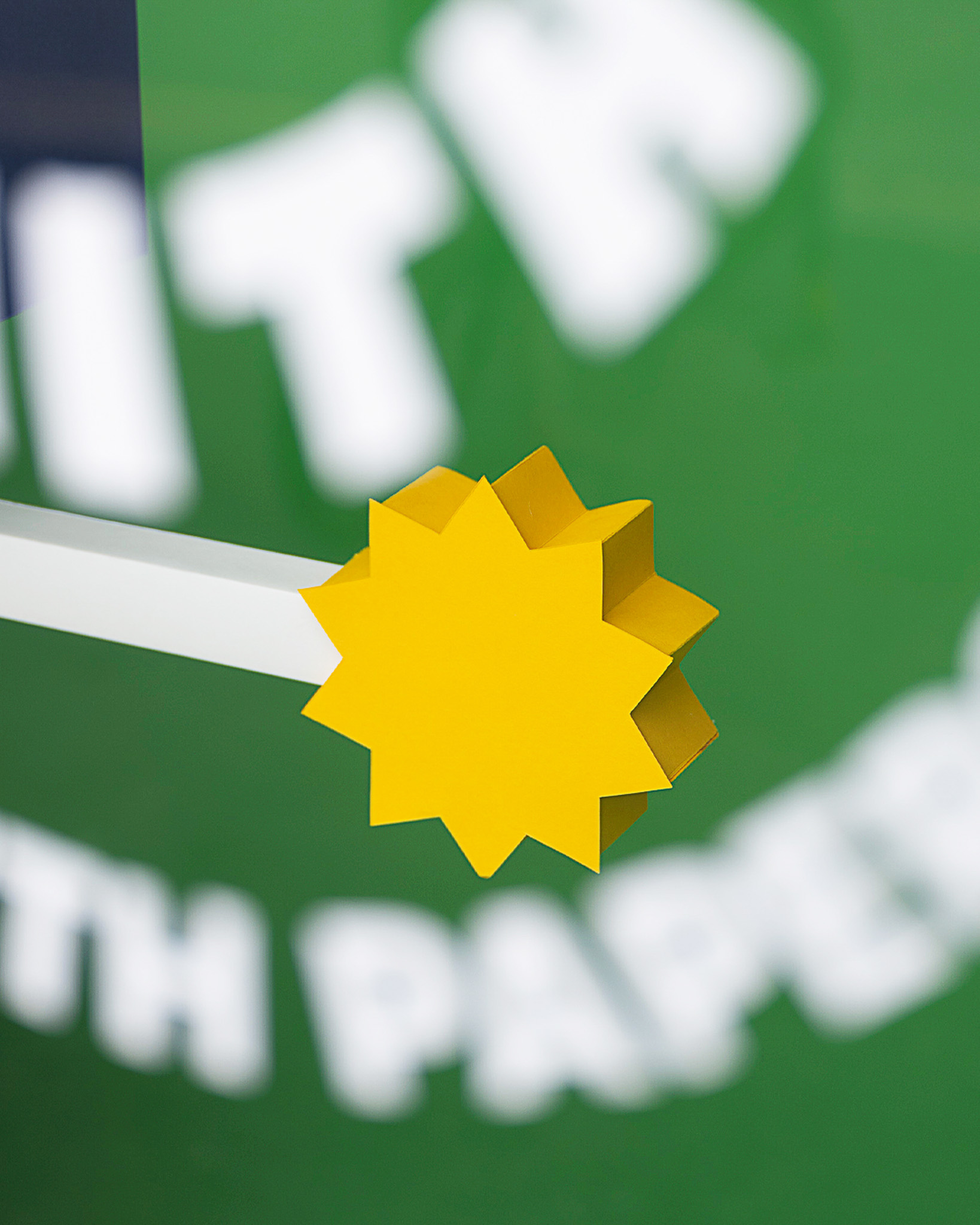 A yellow, star-shaped object is attached to a white stick in the foreground, with blurred white text and a green background visible behind it.