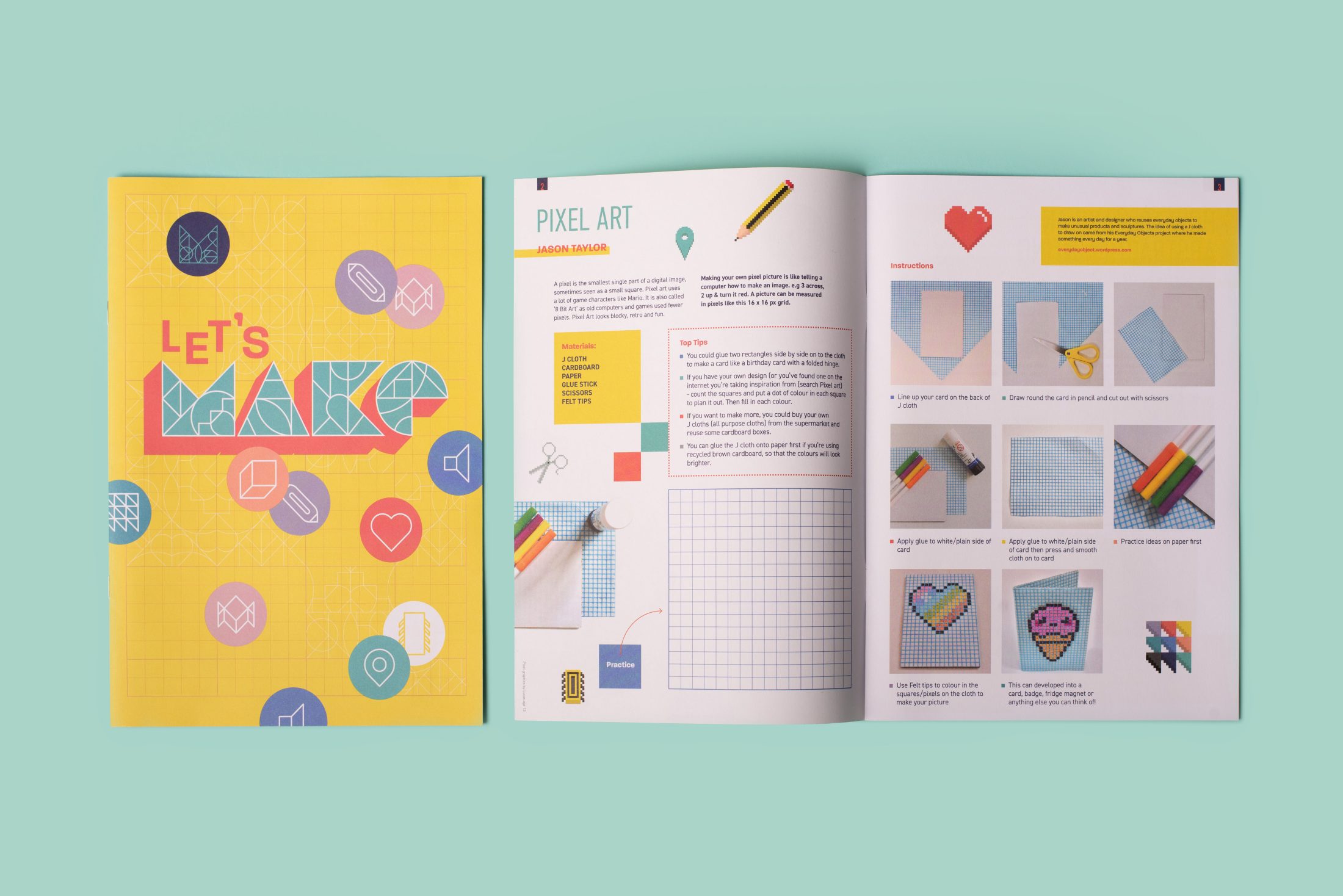 A colourful booklet titled Lets Make lies open on a pastel surface, showing illustrated instructions for creating pixel art using squared paper, coloured pencils, and simple drawing steps, alongside finished pixel art examples.