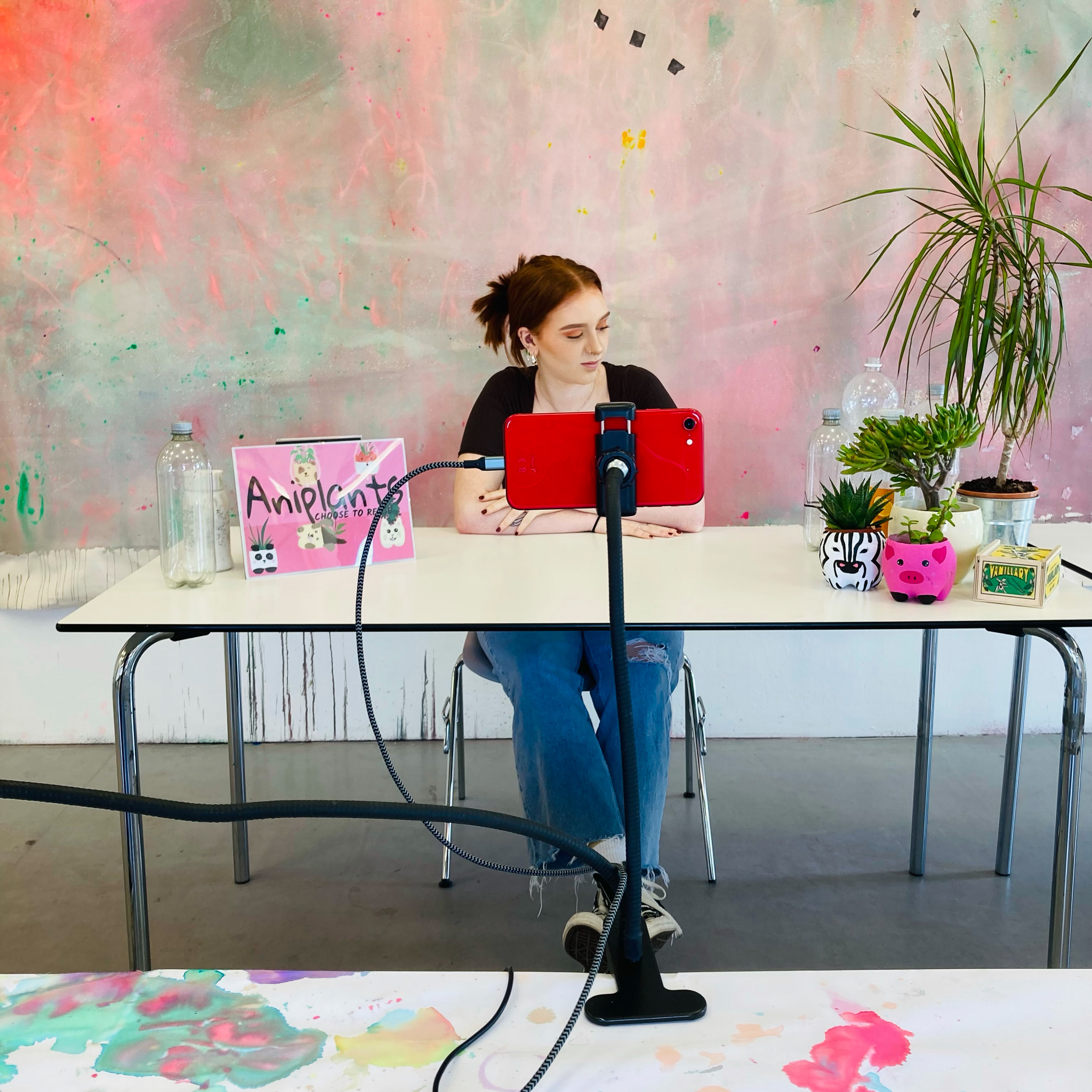 A young woman with red hair sits at a table with plants, jars, and a laptop labelled AniPlants. She is looking at a red tablet on a stand. The background is a colourful, paint-splattered wall.