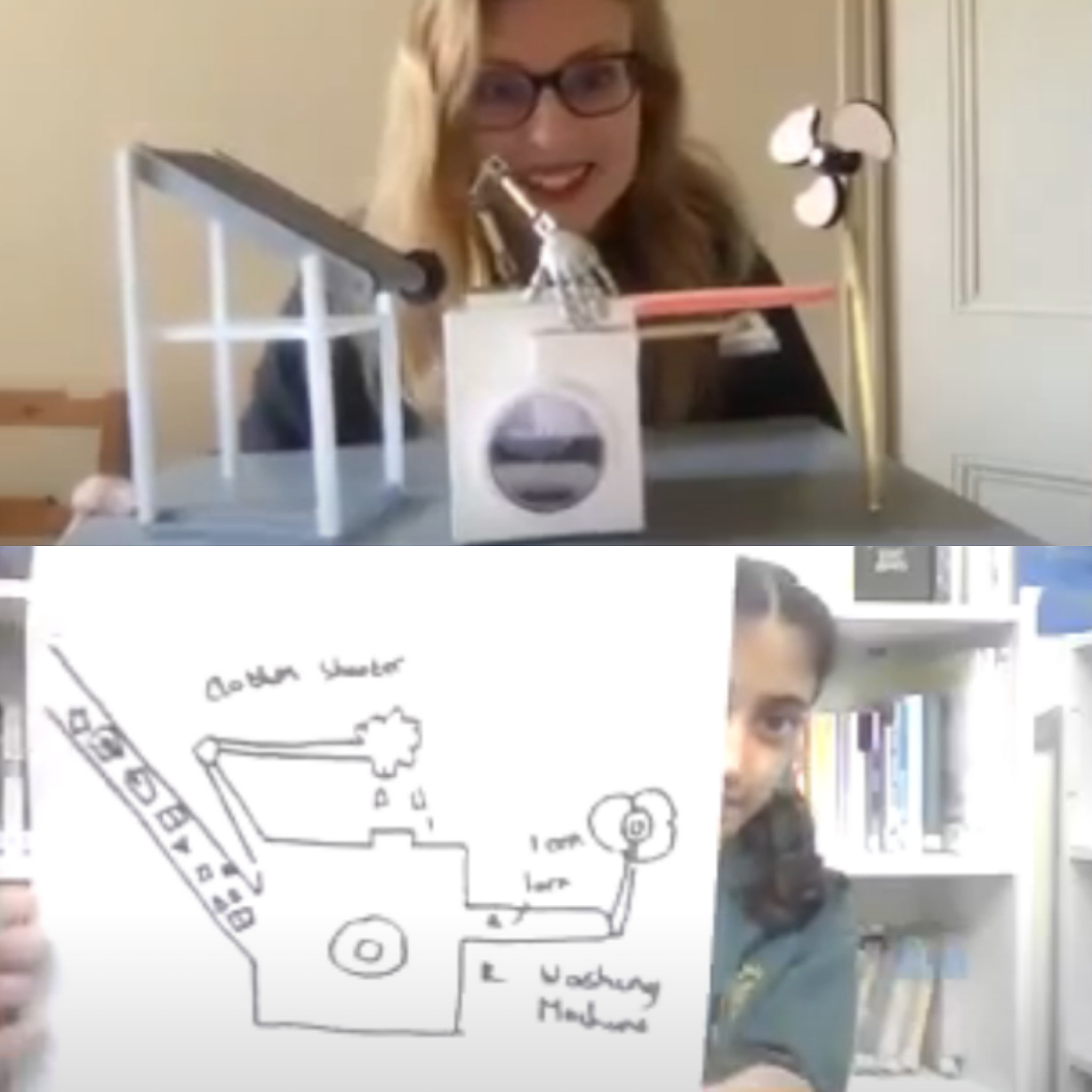 Woman and child on a video call, the child showing an invention drawing while the woman holds a model of it, suggesting creativity and collaboration.