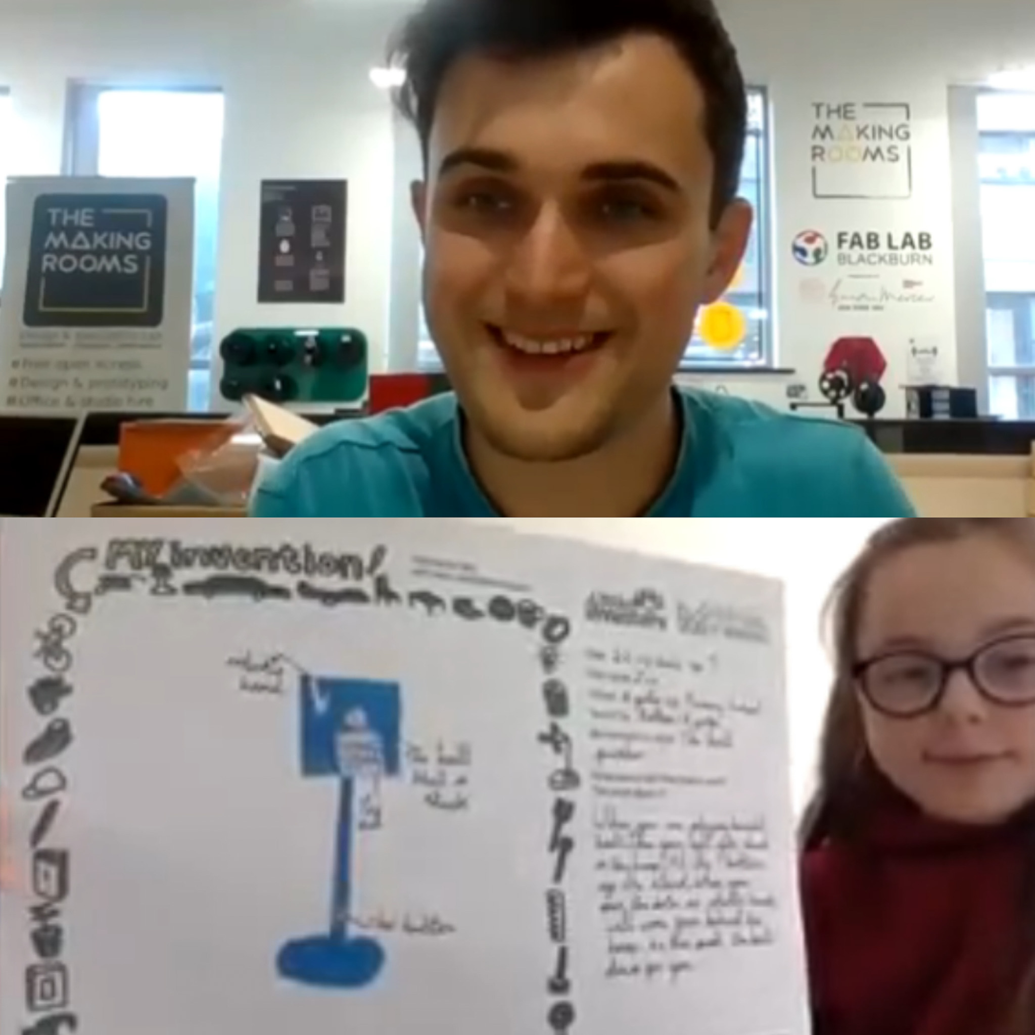 Man smiling on a webcam to a child holding a detailed invention drawing.