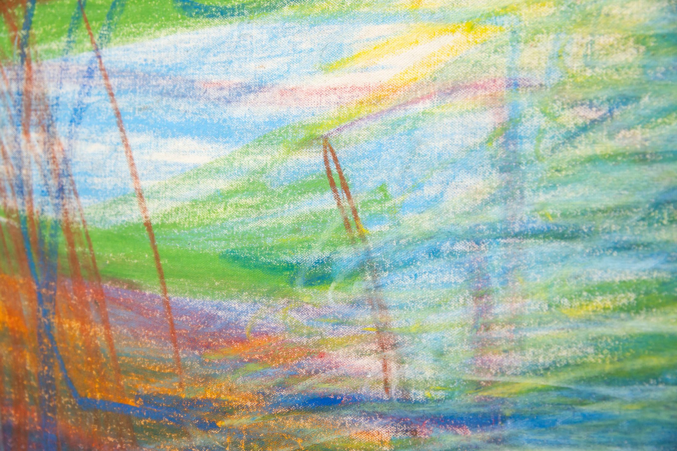 A colourful abstract painting with swirling shades of blue, green, and orange, accented by brown lines and hints of yellow, creating a textured, dynamic composition.