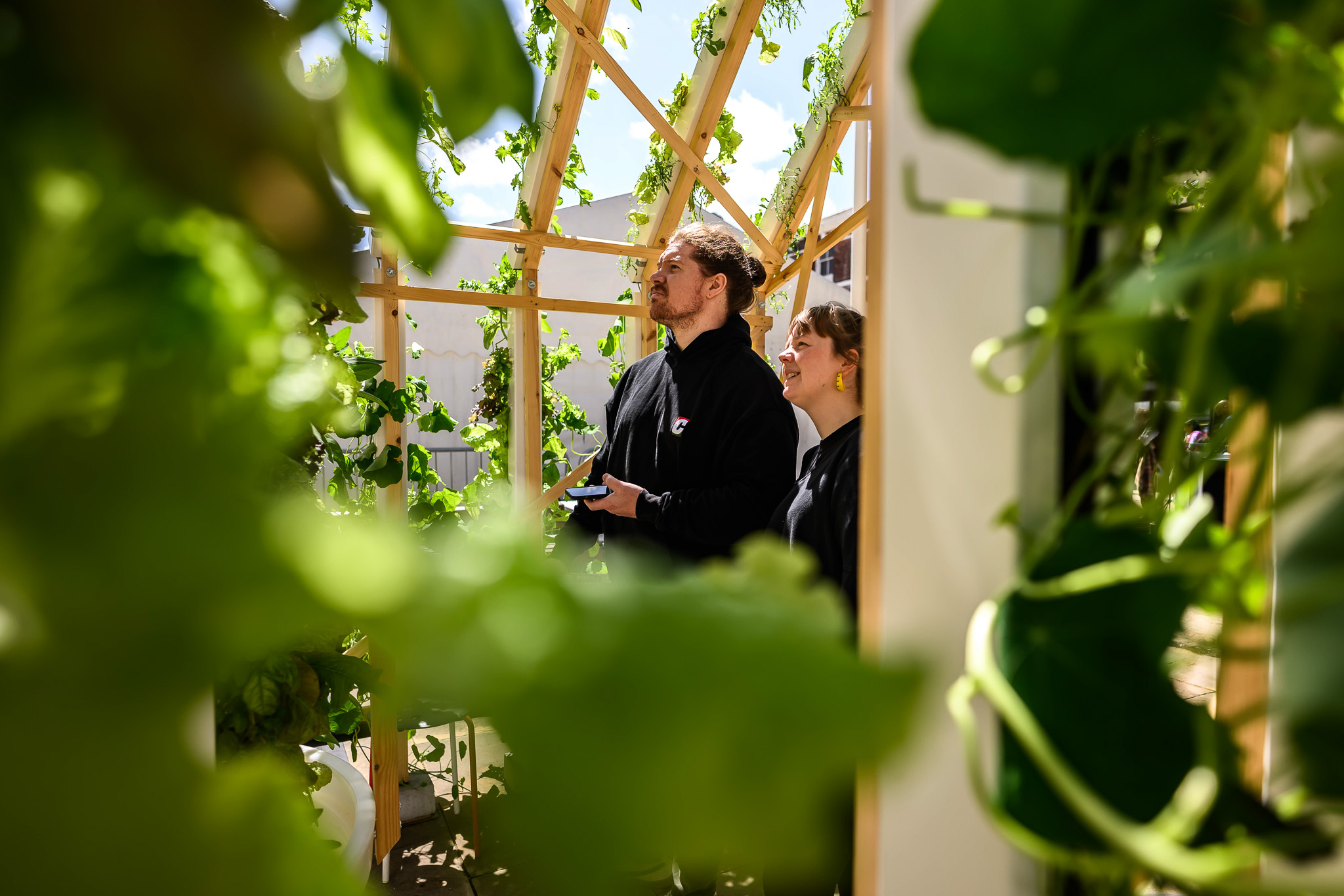 Two people in black hoodies stand inside a wooden greenhouse structure, surrounded by green leafy plants, with sunlight streaming through the glass and plants in the foreground.