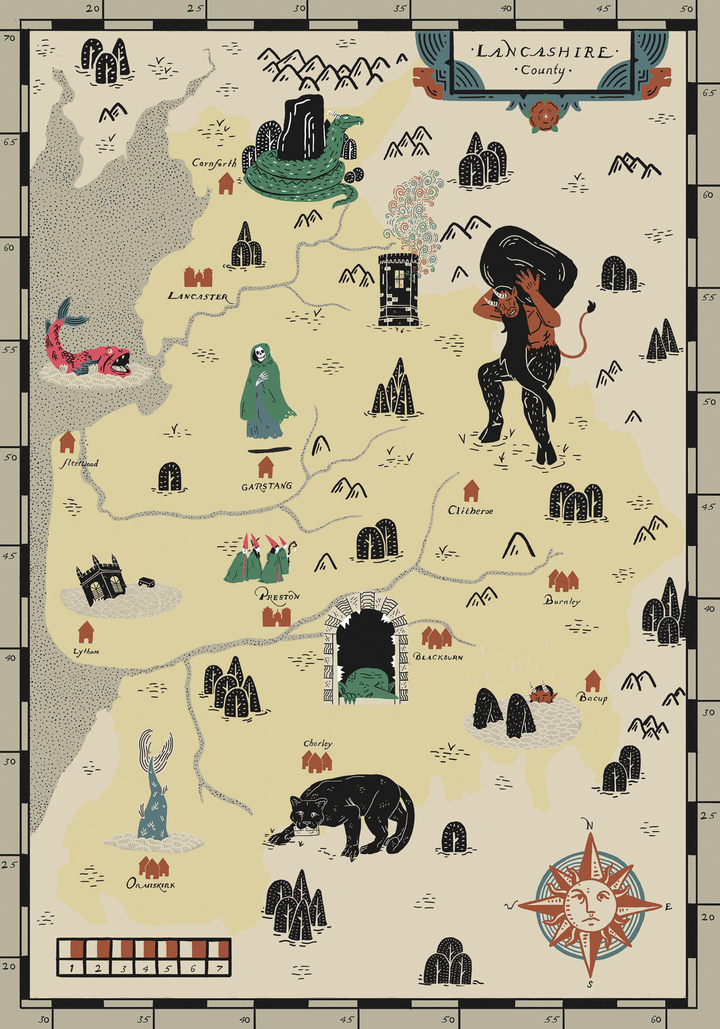 Illustrated fantasy map of Lancashire features mountains, rivers, castles, animals, mythical figures, and labelled towns like Lancaster and Preston, with a decorative compass and border.