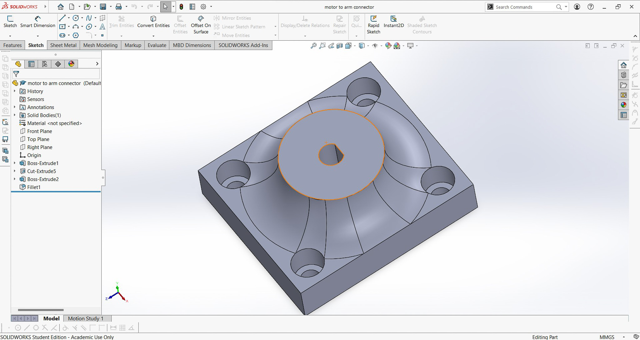 3D CAD model featuring a central circular hub and four symmetrically placed holes.