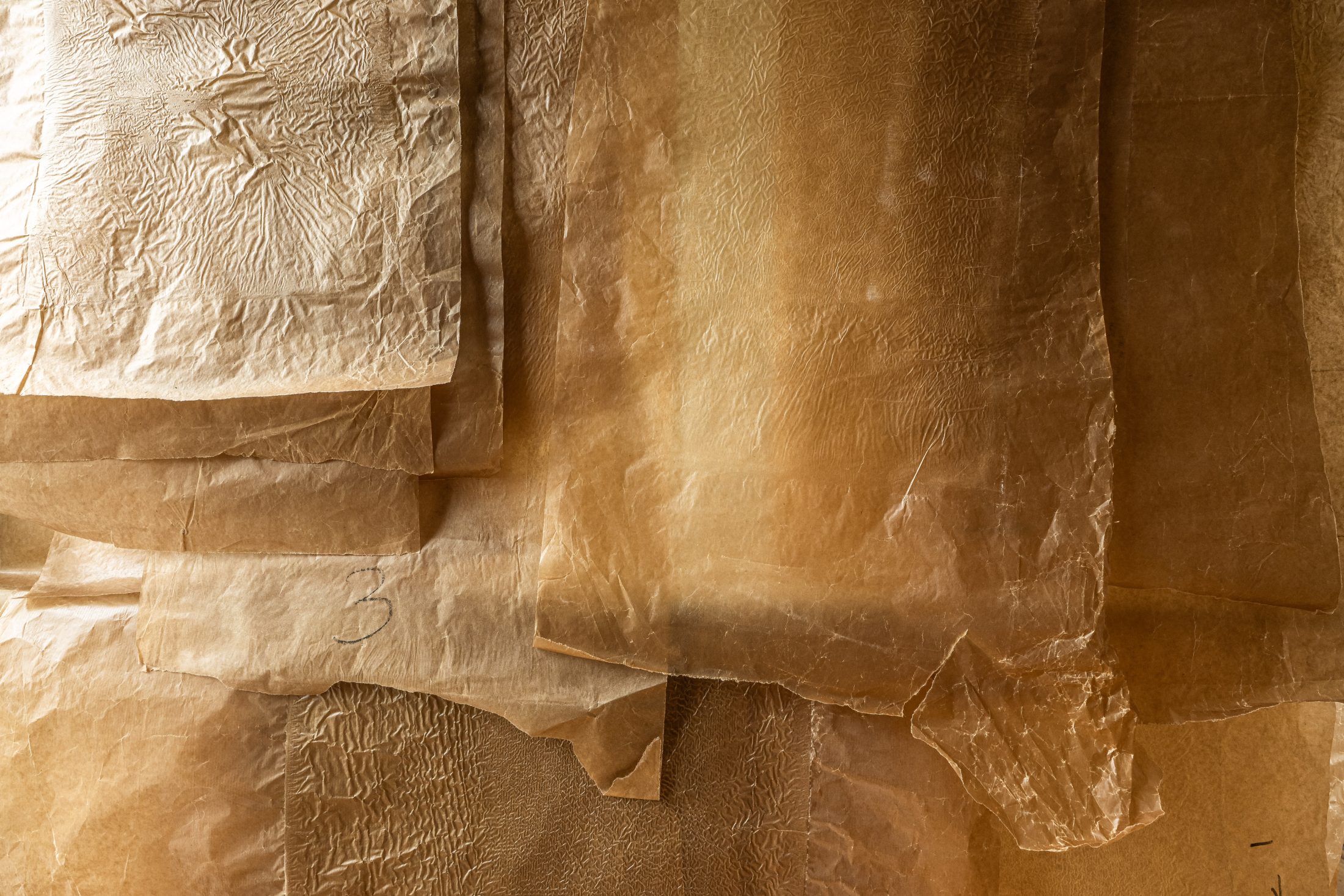 Sheets of brown, textured parchment or dried paper overlap each other, creating a layered effect with visible wrinkles and translucent areas. The light highlights the textures and subtle variations in colour.