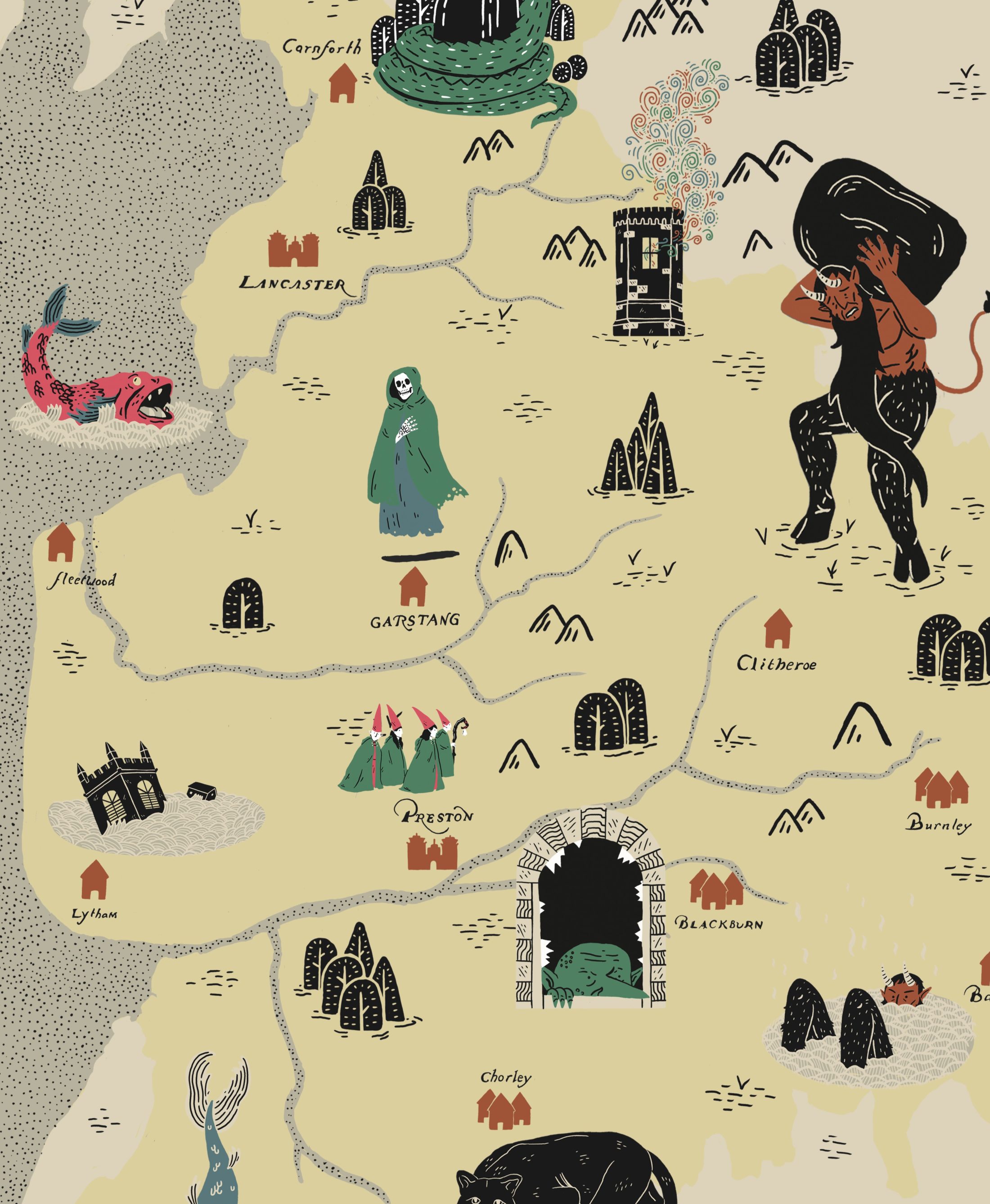 A illustrated map shows northern England with monsters, castles, forests, and towns like Lancaster, Preston, and Blackburn. Mythical creatures and ruins are scattered across a yellow landscape with winding roads.