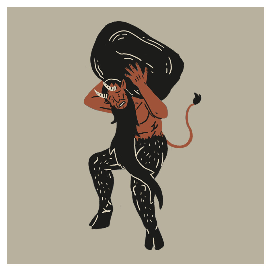 A horned, goat-legged creature with a long tail and beard is carrying a large, dark sack on its back against a plain beige background.