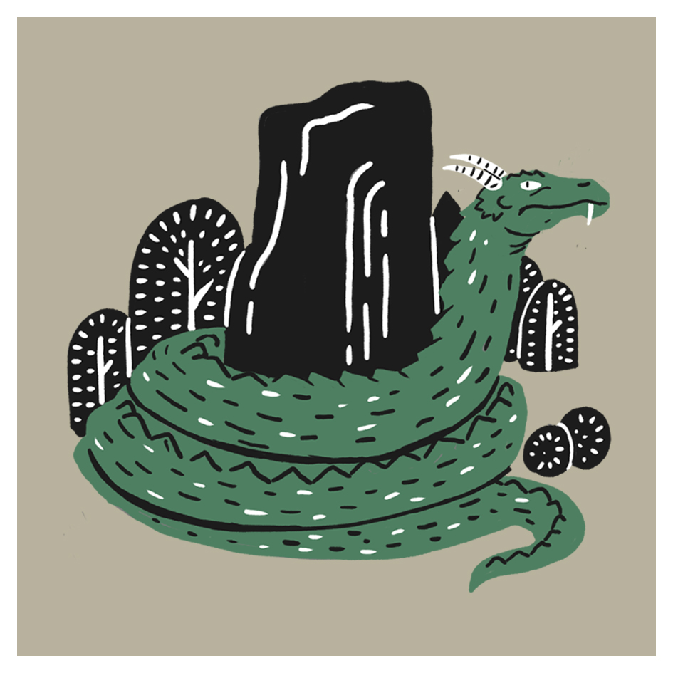 A large green dragon with white horns is coiled round a tall, dark rock, surrounded by stylised, dotted trees and bushes on a beige background.