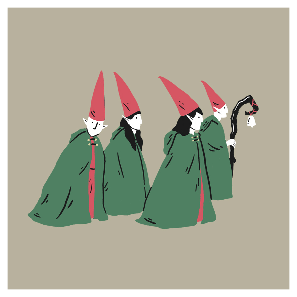 Four figures in green cloaks and tall red hats walk in a row. The last figure holds a dark staff with a white and red mask attached. The background is a plain light brown. The illustration style is simple and minimalistic.