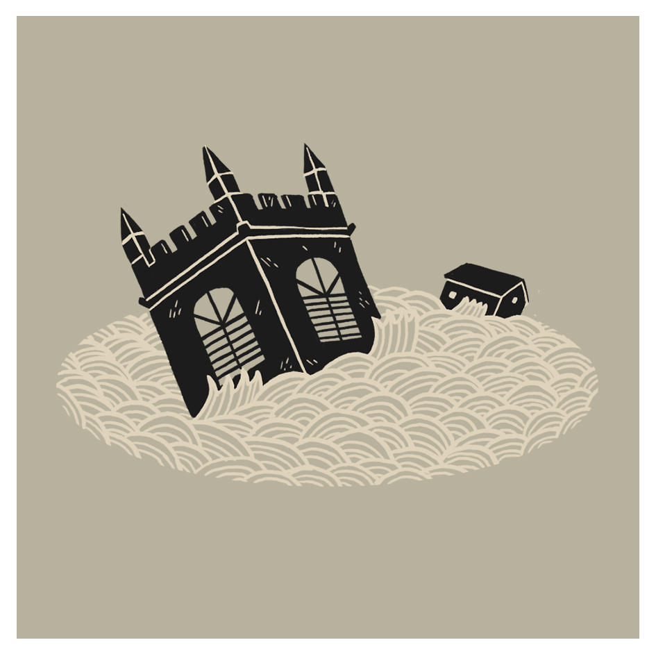 A black, gothic-style building and a smaller house are partially submerged and tilted in swirling floodwaters, set against a plain beige background.