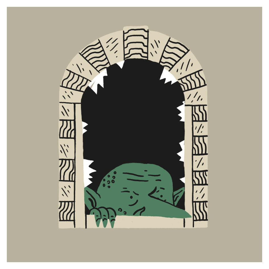 A green goblin with a long nose and pointed ears peers over the edge of a stone arched window, looking bored or tired against a dark background.