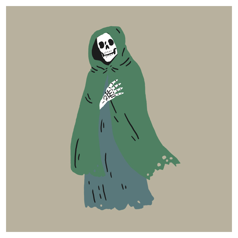 An illustration of a skeleton wearing a green hooded cloak, with its bony hand partially visible, standing against a plain beige background.