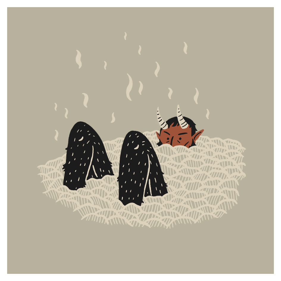 A cartoon devil with horns and pointed ears sits in a steaming hot spring, with only its head and knees visible above the water. Steam rises around them against a beige background.