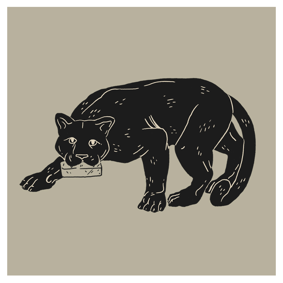A black illustration of a mountain lion standing on all fours, holding a rectangular object in its mouth, on a plain beige background.