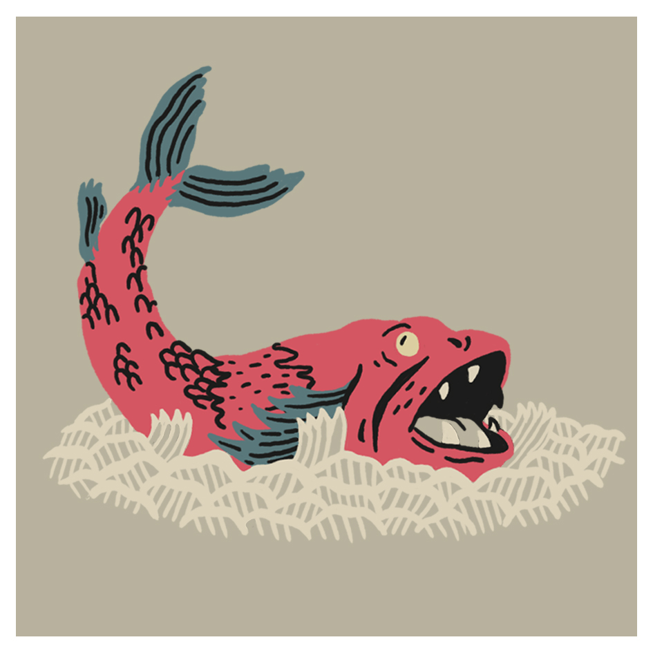A stylised illustration of a red fish with blue fins and a large open mouth, lying on its side on a beige, textured surface against a taupe background.