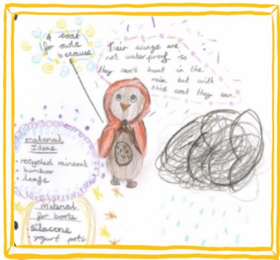 A child’s drawing of a small brown owl in a red raincoat holding an umbrella, with handwritten notes, colourful accents, and a large scribbled black cloud to the right. The image is bordered in bright yellow.