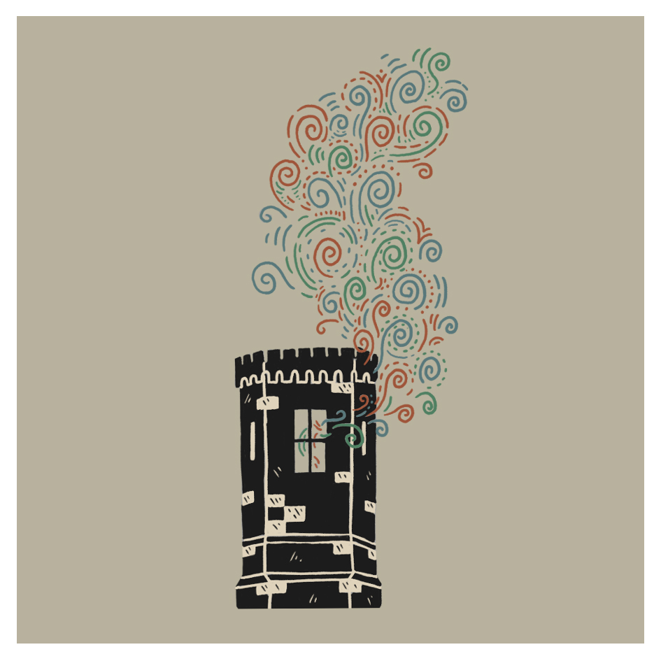 A stylised illustration of a black castle tower with colourful, swirling smoke rising from its window against a plain beige background.