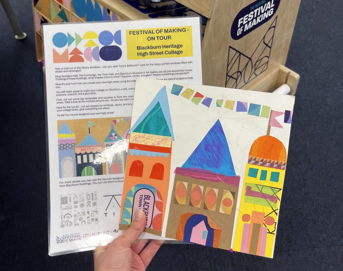 A hand holds a festival flyer and a colourful collage of buildings, including domes and arches, with bunting overhead. A sign in the background reads Festival of Making.