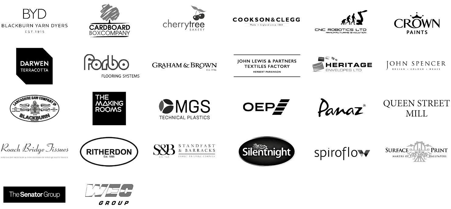A collection of 24 black-and-white logos from different companies and brands arranged in a grid on a white background. Each logo has distinct text and design elements.