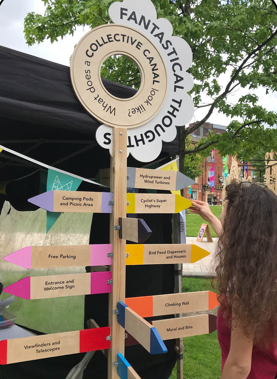 A person points to a colourful signpost with various labelled arrows under a circular sign reading Fantastical Thoughts. The sign is displayed outdoors near trees and tents at a public event.