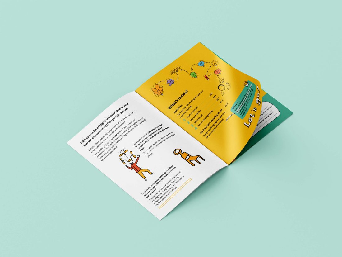 An open booklet on a light blue surface, showing colourful illustrations and text. The left page has a cartoon person with raised arms, and the right page features a yellow background with playful drawings and a green section saying Let's go!.