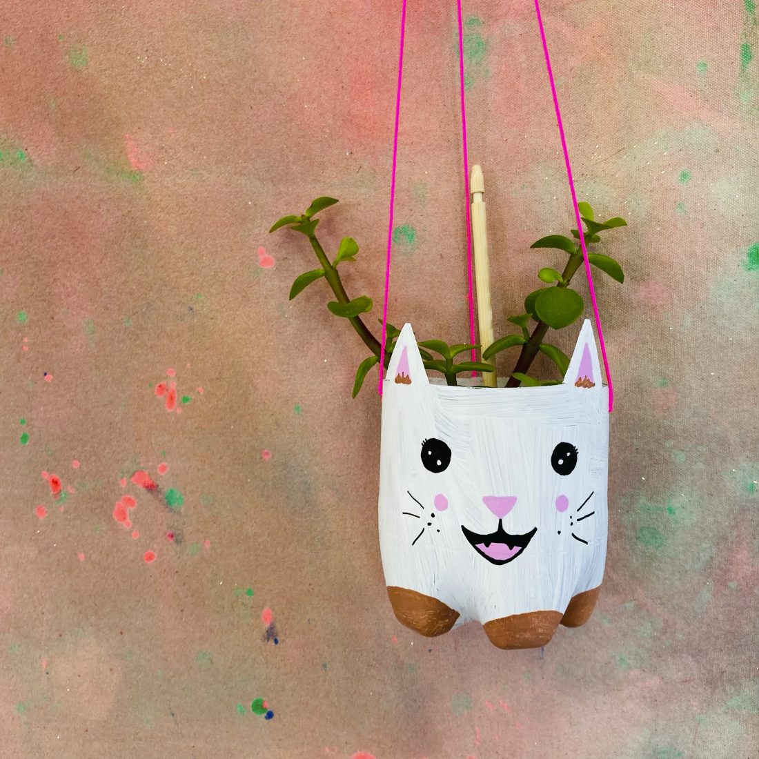 A small plant sits in a hanging planter made from a recycled plastic bottle, painted white to look like a cat’s face with ears, whiskers, and a pink smiling mouth. Pink string holds the planter against a colourful background.