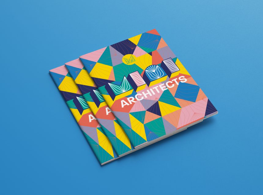 Two colourful magazines titled ARCHITECTS with geometric, multicoloured covers featuring bold patterns and shapes, placed on a bright blue background.