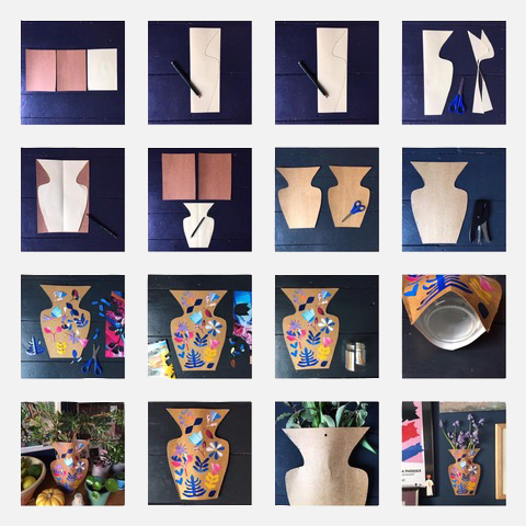 Step-by-step photo collage showing how to make a colourful, flower-patterned DIY vase from painted cardboard, including cutting, assembling, painting, and placing it over a jar with flowers.