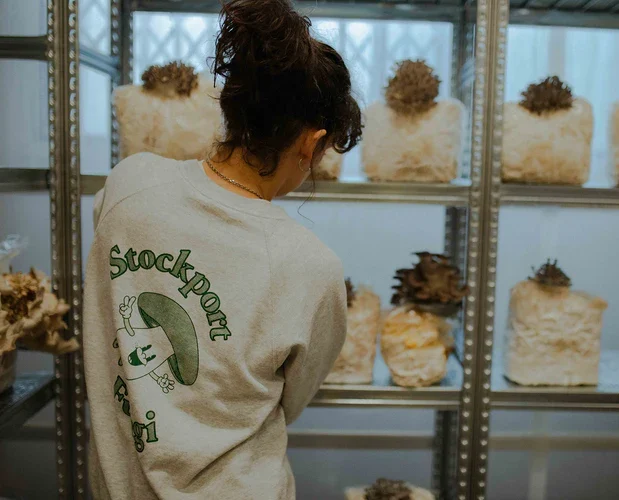 A person with curly hair in a bun, wearing a Stockport sweatshirt with a mushroom graphic, stands in front of metal shelves holding several blocks of mushrooms growing indoors.