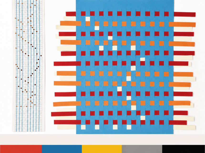 A chart with brown dots on a grid, a blue, orange, red, and white woven paper piece, and colour blocks—blue, red, orange, yellow, grey, black—are arranged on a white background.