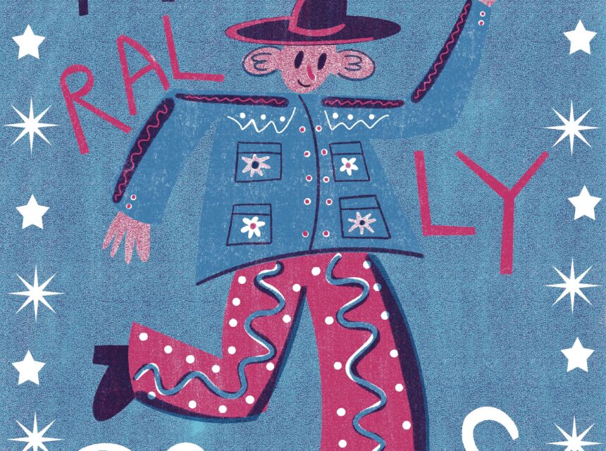 A cartoon figure in colourful western clothes waves, surrounded by stars. Text reads PRINT RALLY PRINTS with RALLY split across the character's body. The background is blue.