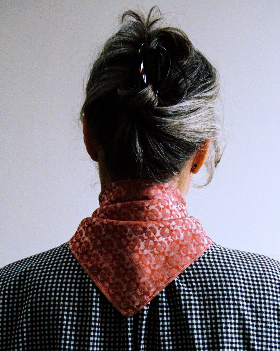 A person with grey hair in a bun, wearing a checked shirt and a patterned red scarf, is shown from behind against a plain background.