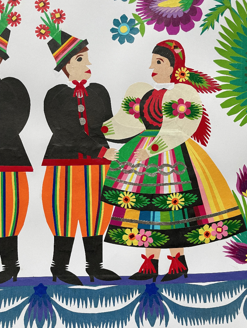 Colourful paper cut-out art of a man and woman in traditional folk costumes, with vibrant floral patterns and striped trousers or skirt, holding hands and surrounded by decorative flowers and leaves.