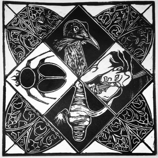 Black-and-white art with four diamond-shaped panels: a beetle, a bird, a violinist, and a stylised bird. Decorative patterns fill the corners surrounding the central images.
