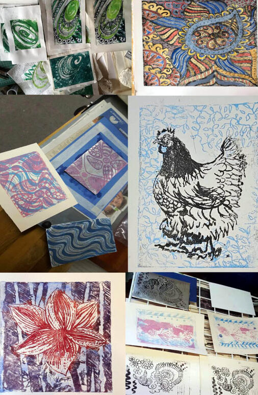 A collage of various colourful printmaking artworks, including abstract patterns, a black and white cockerel, a red flower, and several prints drying on racks or displayed on tables.