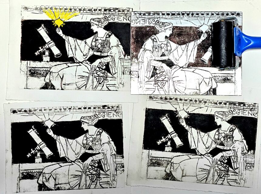 Four versions of the same artwork show a seated figure holding a scroll. In the top left, the scroll is highlighted in yellow. The top right shows a roller applying ink. The bottom two are uncoloured prints of the same image.