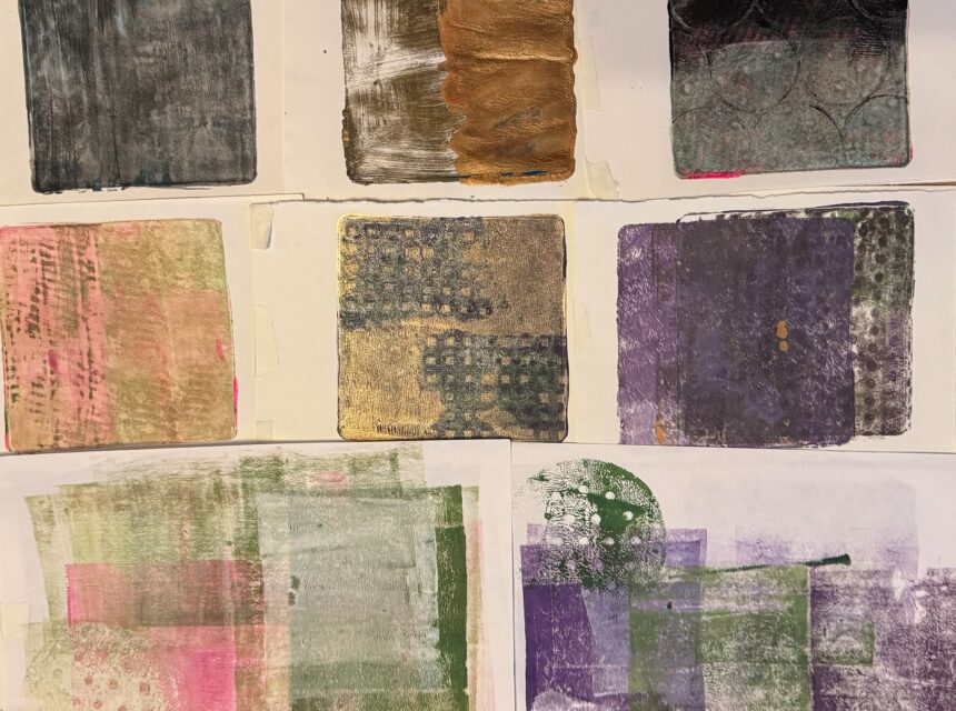 Nine abstract, square-shaped prints with layered textures and colours, including gold, purple, green, pink, and graphite, arranged in three rows on a white background.