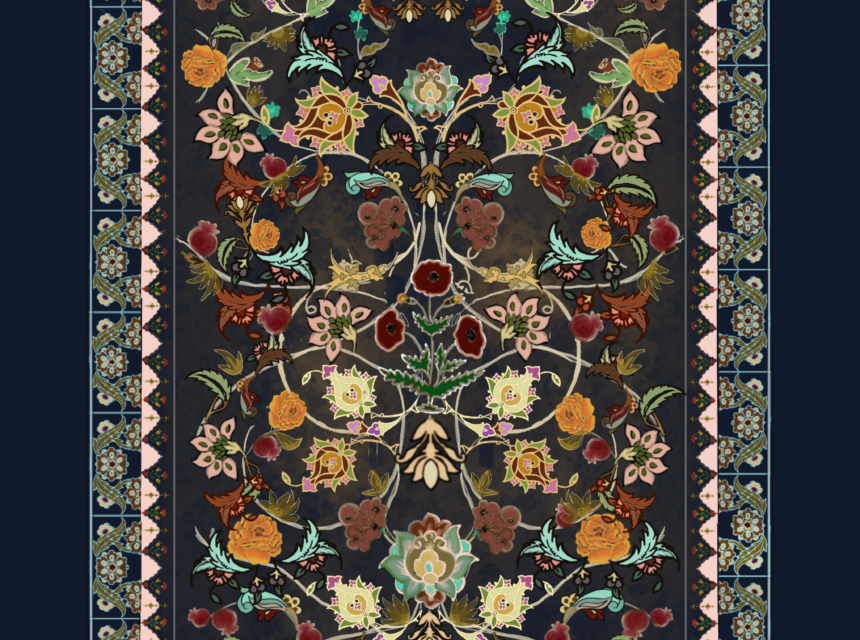Ornate rug with a dark background, featuring intricate floral patterns in red, yellow, orange, green, and pink. The border has light blue and green floral and geometric designs on a navy blue frame.