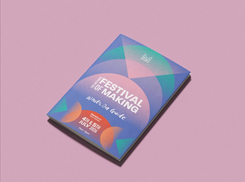 A booklet titled Festival of Making What’s On Guide lies on a pink surface. The cover features colourful geometric shapes and text noting the event dates: 4th–5th July 2020.