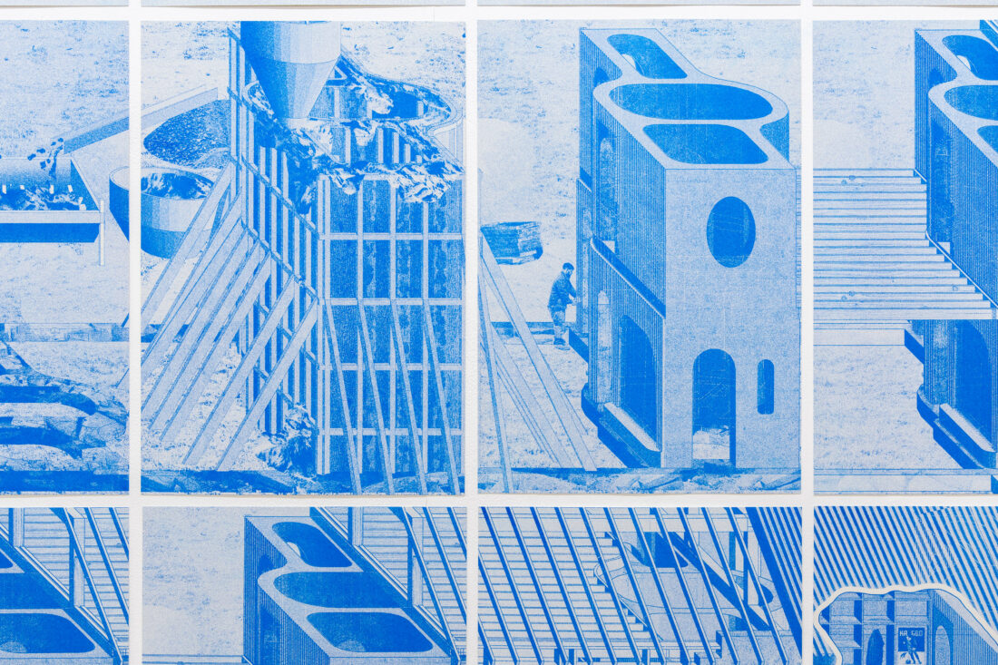 Blue-toned architectural drawing featuring abstract modern buildings, geometric shapes, and structural elements, with a person walking among the designs. The image is divided into panels.
